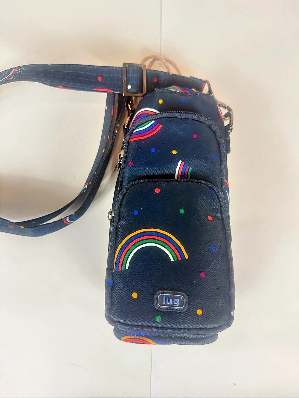Lug Huggie Wide Crossbody Water Bottle Bag Navy & Rainbow Print 10” Tall